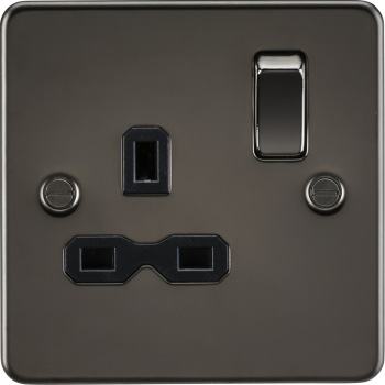 Knightsbridge Flat Plate Gunmetal 1 Gang 13A Double Pole Switched Plug Socket with Black Insert