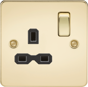 Knightsbridge Polished Brass Flat plate 13A 1G DP switched socket with black insert