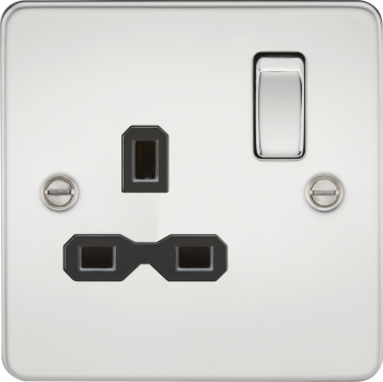 Knightsbridge Flat Plate Polished Chrome 13A 1 Gang DP Switched Socket with Black Insert