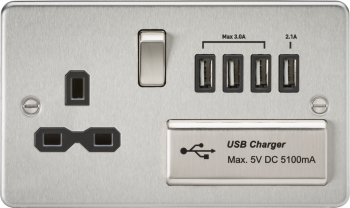 Knightsbridge Flat Plate Brushed Chrome 13A 2 Gang Switched Plug Socket with Quad USB Charger Imports