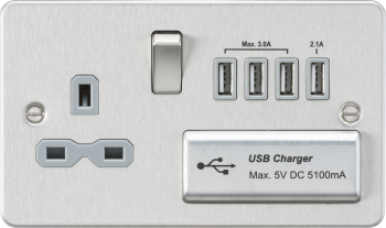Knightsbridge Flat Plate Brushed Chrome 13A 2 Gang Switched Plug Socket with Quad USB Charger Imports