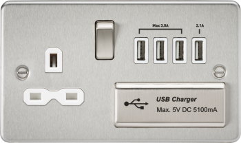 Knightsbridge Flat Plate Brushed Chrome 13A 2 Gang Switched Plug Socket with Quad USB Charger Imports