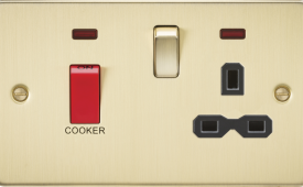 Knightsbridge Flat Plate Brushed Brass 45A DP Cooker Switch & 13A Switched Socket with Neon
