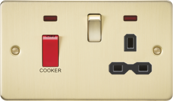Knightsbridge Flat Plate Brushed Brass 45A DP Cooker Switch & 13A Switched Socket with Neon