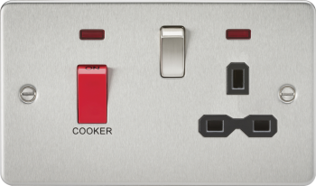 Knightsbridge Flat Plate Brushed Chrome 45A DP Cooker Switch & 13A Switched Socket with Neon