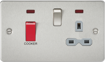 Knightsbridge Flat Plate Brushed Chrome 45A DP Cooker Switch & 13A Switched Socket with Neon