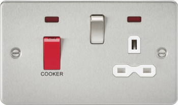 Knightsbridge Flat Plate Brushed Chrome 45A DP Cooker Switch & 13A Switched Socket with Neon