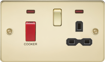 Knightsbridge Flat Plate Polished Brass 45A DP Cooker Switch & 13A Switched Socket with Neon