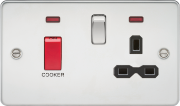 Knightsbridge Flat Plate Polished Chrome 45A Double Pole Cooker Switch with Black Inserts & Neon