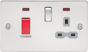 Knightsbridge Flat Plate Polished Chrome 45A Double Pole Cooker Switch with Grey Inserts & Neon