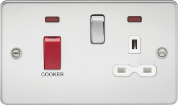 Knightsbridge Flat Plate Polished Chrome 45A Double Pole Cooker Switch with White Inserts & Neon
