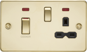 Knightsbridge Flat Plate Polished Brass 45A DP Switch and 13A Switched Socket with Neon