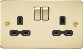 Knightsbridge Flat Plate Brushed Brass 13A 2 Gang DP Switched Plug Socket