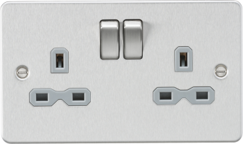 Knightsbridge Flat Plate Brushed Chrome 13A 2 Gang DP Switched Plug Socket