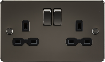 Knightsbridge Flat Plate Gunmetal 2 Gang 13A Double Pole Switched Plug Socket with Black Insert