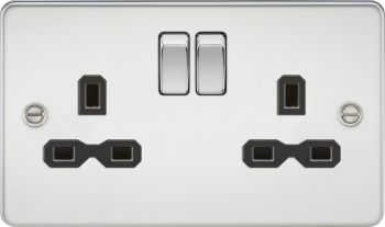 Knightsbridge Flat Plate Polished Chrome 13A 2 Gang DP Switched Socket with Black Insert
