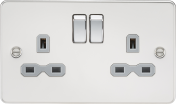 Knightsbridge Flat Plate Polished Chrome 13A 2 Gang DP Switched Socket with Grey Insert