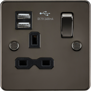 Knightsbridge Flat Plate Gunmetal 1 Gang 13A Switched Plug Socket Dual USB Charger Slots with Black Insert