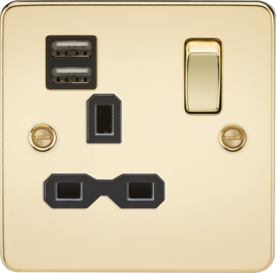 Knightsbridge Flat Plate Polished Brass 1 Gang 13 Amp Plug Socket with Dual USB Charger (2.1A)
