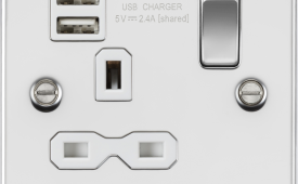 Knightsbridge Flat Plate Polished Chrome 13A 1 Gang Switched Socket with Dual USB charger (2.4A) with White Insert