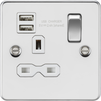 Knightsbridge Flat Plate Polished Chrome 13A 1 Gang Switched Socket with Dual USB charger (2.4A) with White Insert