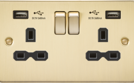 Knightsbridge Flat Plate Brushed Brass 13A 2 Gang Switched Plug Socket with Dual USB Charger (2.4A) Imports