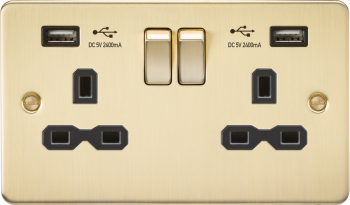 Knightsbridge Flat Plate Brushed Brass 13A 2 Gang Switched Plug Socket with Dual USB Charger (2.4A) Imports