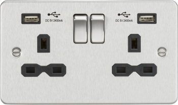 Knightsbridge Flat Plate Brushed Chrome 13A 2 Gang Switched Plug Socket with Dual USB Charger (2.4A) Imports