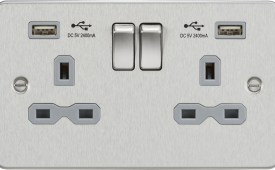 Knightsbridge Flat Plate Brushed Chrome 13A 2 Gang Switched Plug Socket with Dual USB Charger (2.4A) Imports
