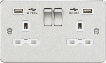 Knightsbridge Flat Plate Brushed Chrome 13A 2 Gang Switched Plug Socket with Dual USB Charger (2.4A) Imports