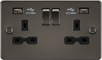 Knightsbridge Flat Plate Gunmetal 2 Gang 13A Switched Plug Socket with Dual USB charger A + A (2.4A) with Black Insert