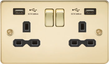 Knightsbridge Flat Plate Polished Brass 2 Gang 13 Amp Plug Socket with Dual USB Charger (2.4A)