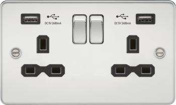 Knightsbridge Flat Plate Polished Chrome 13A 2G Switched Socket with Dual USB Charger A + A (2.4A) with Black Insert
