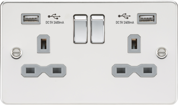 Knightsbridge Flat Plate Polished Chrome 13A 2G Switched Socket with Dual USB Charger A + A (2.4A) with Grey Insert