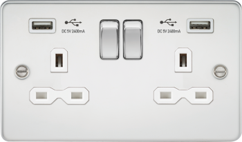 Knightsbridge Flat Plate Polished Chrome 13A 2G Switched Socket with Dual USB charger A + A (2.4A) with White Inserts