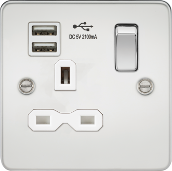 Knightsbridge Flat Plate Polished Chrome 13A 1G Switched Socket with Dual USB Charger (2.1A) with White Inserts