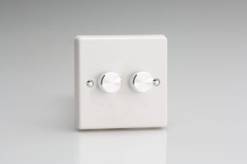 Varilight White Plastic 2-Gang 1-Way V-Dim Rotary Dimmer 2 x 40-250W with Aluminium Knobs