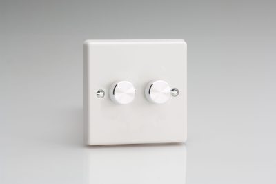 Varilight White Plastic 2-Gang 1-Way V-Dim Rotary Dimmer 2 x 40-250W with Aluminium Knobs