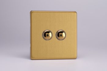 Varilight Flat Plate Screwless Brushed Brass 2-Gang 1-Way V-Pro IR Remote/Touch Control Master LED Dimmer 2 x 0-100W