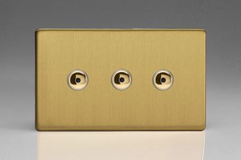 Varilight Flat Plate Screwless Brushed Brass 3-Gang 1-Way Remote/Touch Control Master LED Dimmer 3 x 0-100W (1-10 LEDs) (Twin Plate)