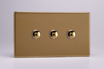 Varilight Flat Plate Screwless Polished Brass 3-Gang 1-Way Remote/Touch Control Master LED Dimmer 3 x 0-100W (1-10 LEDs) (Twin Plate)