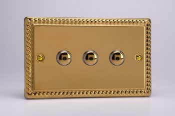 Varilight Classic Georgian Brass 3-Gang 1-Way V-Pro IR Remote/Touch Control Master LED Dimmer 3 x 0-100W (Twin Plate)