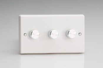 Varilight White Plastic 3-Gang 2-Way Push-On/Off Rotary Dimmer 3 x 40-300W (Twin Plate) with Aluminium Knob