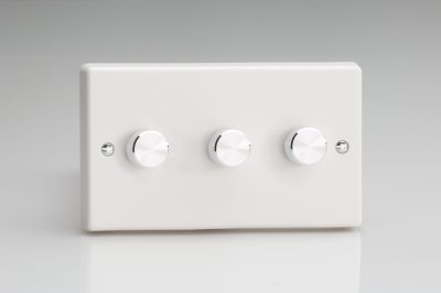 Varilight White Plastic 3-Gang 2-Way Push-On/Off Rotary Dimmer 3 x 40-300W (Twin Plate) with Aluminium Knob
