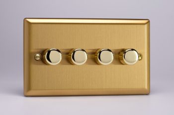 Varilight Classic Brushed Brass 4-Gang 2-Way Push-On/Off Rotary LED Dimmer 4 x 0-120W (1-10 LEDs) (Twin Plate)