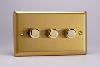 Varilight Classic Brushed Brass 3-Gang 2-Way Push-On/Off Rotary LED Dimmer 3 x 0-120W (1-10 LEDs) (Twin Plate)