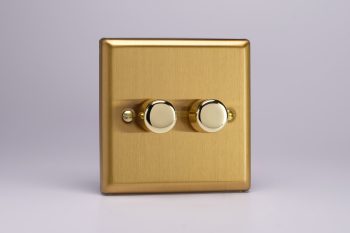 Varilight Classic Brushed Brass V-Pro - 2-Gang 2-Way Push-On/Off Rotary LED Dimmer 2 x 0-120W (1-10 LEDs)