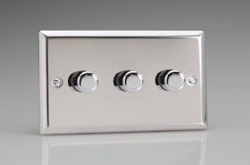 Varilight Classic Mirror Chrome 3-Gang 2-Way Push-On/Off Rotary LED Dimmer 3 x 0-120W (1-10 LEDs) (Twin Plate)