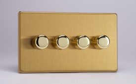 Varilight Flat Plate Screwless Brushed Brass 4-Gang 2-Way Push-On/Off Rotary LED Dimmer 4 x 0-120W (1-10 LEDs) (Twin Plate)