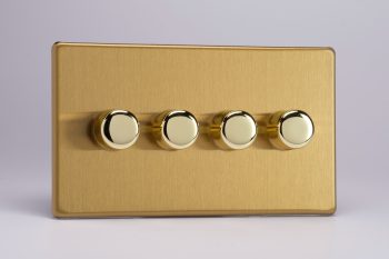 Varilight Flat Plate Screwless Brushed Brass 4-Gang 2-Way Push-On/Off Rotary LED Dimmer 4 x 0-120W (1-10 LEDs) (Twin Plate)